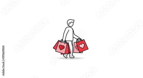 Simple illustration of a person carrying shopping bags adorned with heart symbols, symbolizing love and gifts