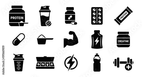 Sports nutrition and bodybuilding supplements flat vector icon set