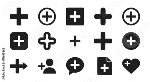 Plus and Add Button Icon Set. Black Silhouette Symbols for User Interface, Positive Action and Mathematics on White Background