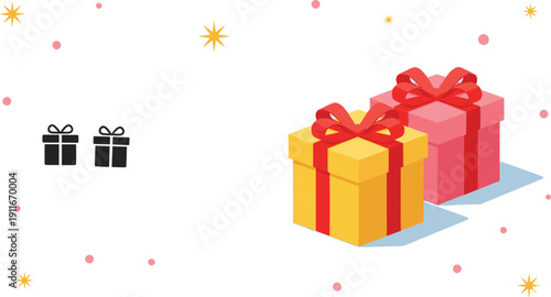 Gift box icons and colorful present illustrations set with festive celebration background elements