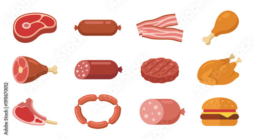 Meat products and butchery food flat vector icon set