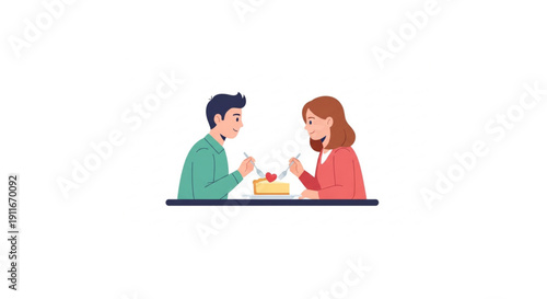 A heartwarming illustration of a young couple on a romantic date, joyfully sharing a delicious slice of cake with a small heart above, symbolizing love and togetherness for a special occasion