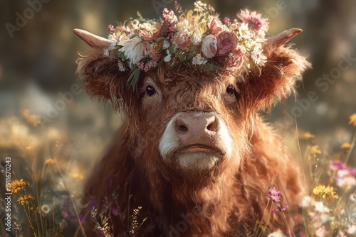 Brown Highland cow wearing a vibrant floral crown in a sunlit meadow