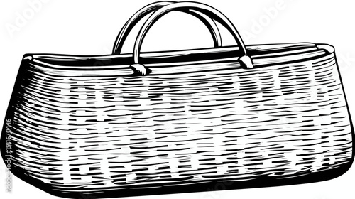 A black and white illustration of a rectangular basket with two handles, tightly woven