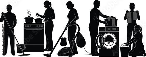 Flavector, household chores silhouette, cleaning illustration, cooking at stove, vacuuming floor, laundry washing, folding clothes, domestic work vector art