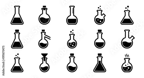 Chemical laboratory glassware, science experiment and medical research silhouette icon set