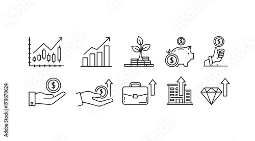 Finance and Investment Icons: Growth, Savings, Business, and Wealth