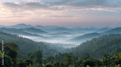 Calm sunrise with fog draped ridges in Narathiwat, Thailand