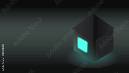 Isometric Dark House with Glowing Tech Window on Dark Background
