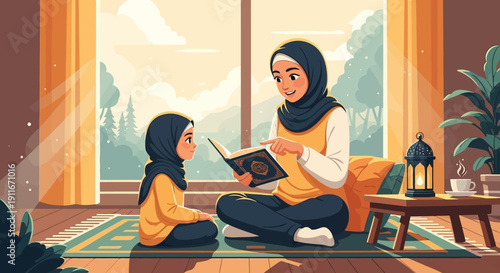 Mother reading Quran to child, Islamic family education, warm home interior, daylight