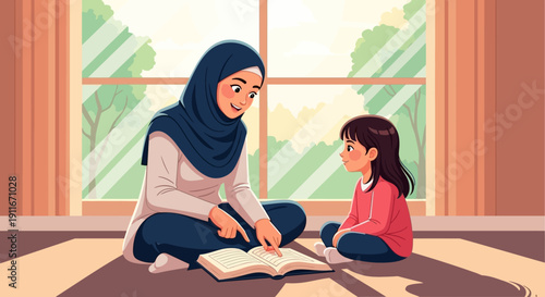 Mother in hijab teaching daughter to read from book, indoor scene
