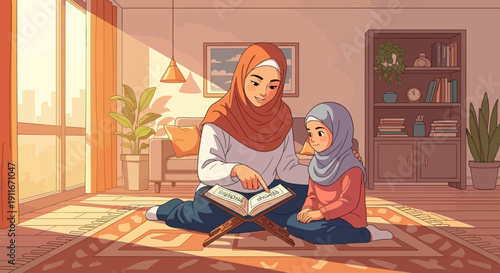 Mother and Daughter Reading Quran Together, Islamic Family Learning