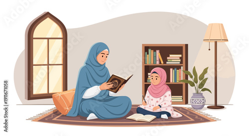 Mother teaching daughter Quran in islamic home setting, education and family