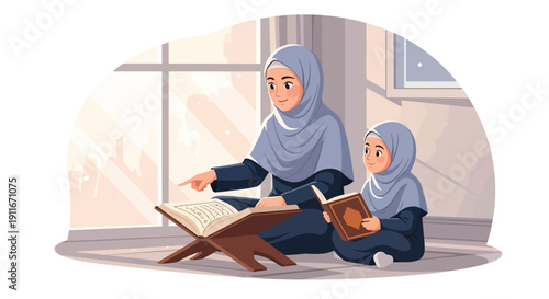 Mother teaching daughter Quran, Islamic education, family bonding, learning together