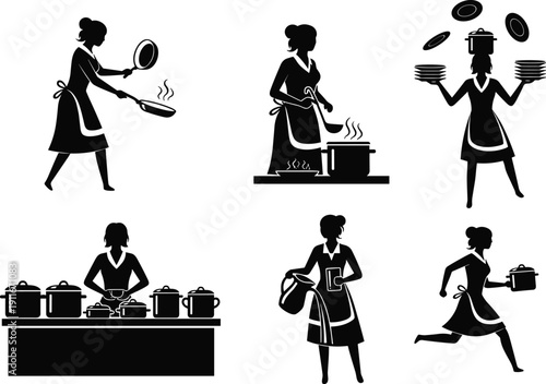 Flavector, woman cooking silhouette, kitchen activity illustration, frying pan, stirring pot, multitasking plates, pouring jug, running with pot