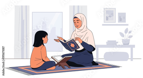 Mother teaching daughter Quran, Islamic education, family bonding, reading Holy Book