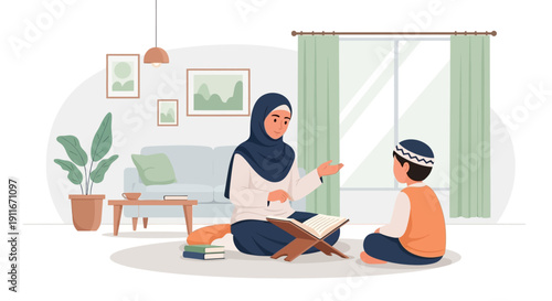 Mother teaching son Islamic lessons at home, Quran study session