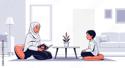 Muslim Mother Reading to Son in Cozy Living Room