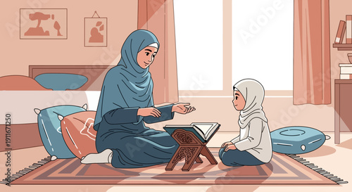 Muslim mother teaching daughter Quran reading at home, family bonding, Islamic education