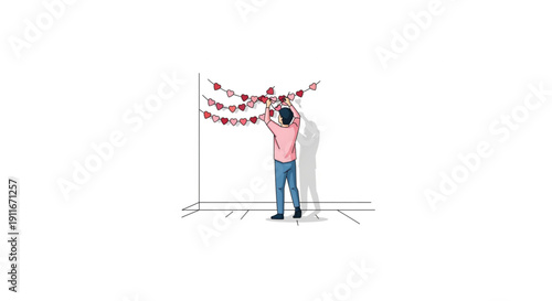 Person hanging heart-shaped garland for a festive celebration, decorating a wall with symbols of love and affection for a special occasion
