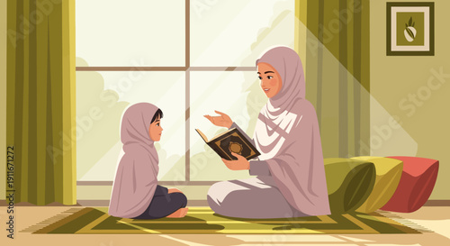 Muslim Mother Teaching Daughter Quranic Verses at Home