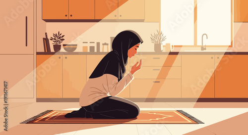 Muslim Woman Praying at Home in Kitchen, Sunlight Rays, Peaceful Devotion