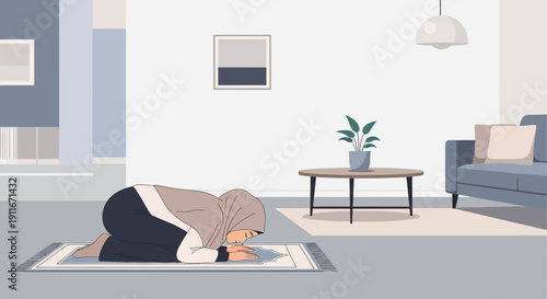 Muslim Woman Praying at Home on Prayer Mat, Peaceful Interior Scene