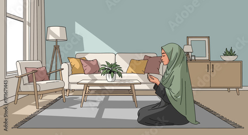 Muslim Woman Praying at Home, Peaceful Islamic Devotion in Living Room