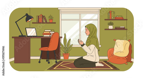 Muslim woman praying at home, peaceful indoor scene with desk and chair