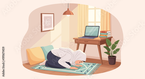 Muslim Woman Praying at Home, Ramadan Islamic Devotion and Spirituality