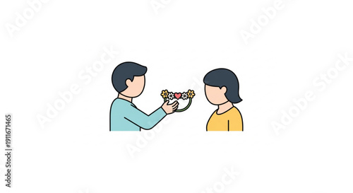 Illustration of a man extending a heart-shaped gift to a woman, a beautiful depiction of love, affection, and sharing special moments between two people