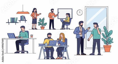 Dynamic office environment illustration showcasing diverse professionals collaborating, working on laptops, presenting ideas, and interacting in a modern, productive workspace