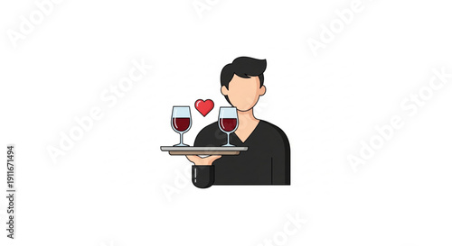Charming flat vector icon depicting a server offering two red wine glasses on a tray, accompanied by a heart, perfect for romantic events and elegant hospitality service themes