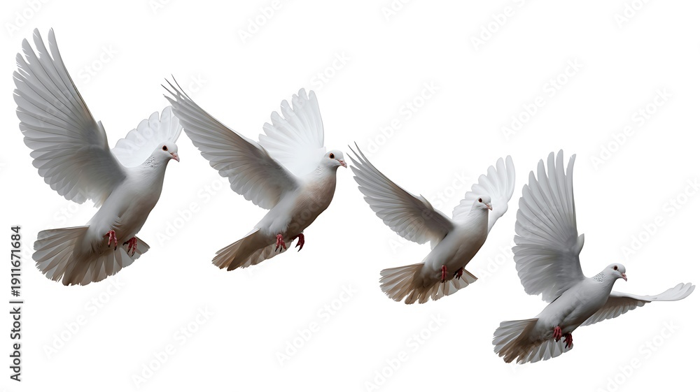 Obraz premium Four white doves in flight captured from a low angle against a clear background