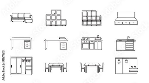 Furniture Icons Collection: Line Art of Living Room, Kitchen, and Bedroom Furniture