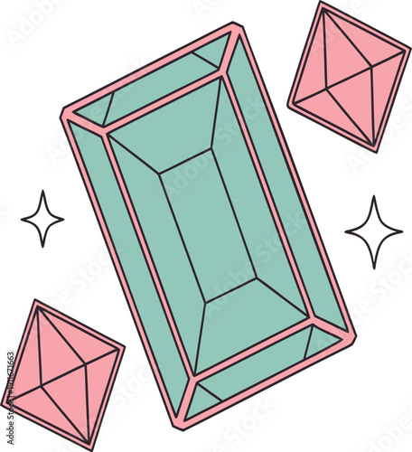Central rectangular teal gem flanked by two smaller pink gems with stars vector illustration EPS PNG file