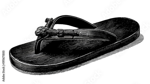 A detailed illustration of a single sandal, featuring thick straps and ornate embellishments