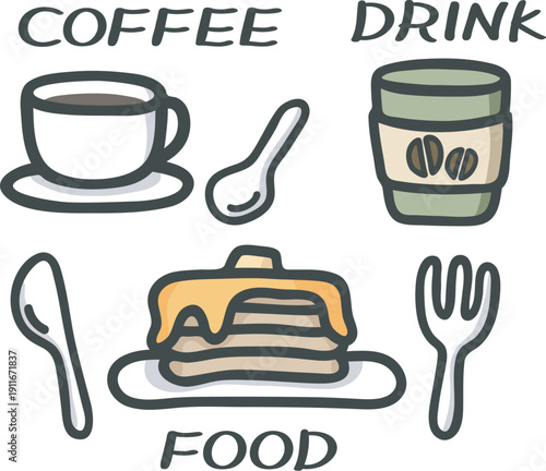 カフェに関するイラスト（コーヒー、テイクアウト、パンケーキ）