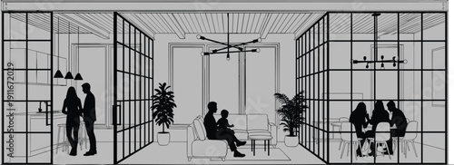 Modern interior design, open plan architecture, kitchen lounge dining, glass wall partitions, pendant lights, chandeliers, exposed beams, collaborative space illustration