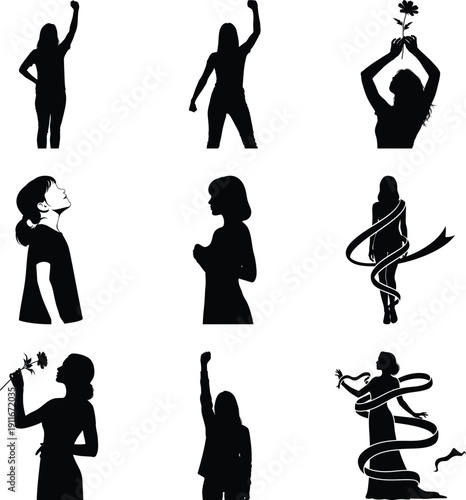 Silhouettes of women in various poses representing strength, empowerment, and awareness on white.