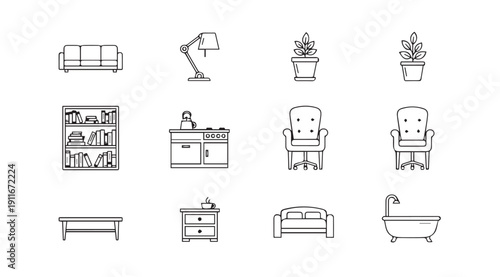 Home Furniture and Decor Icons: Sofa, Lamp, Plants, Bookshelf, Kitchen, Chair, Bathtub