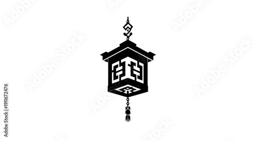 A monochrome illustration of a decorative lantern suspended from above