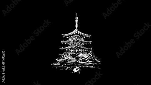 A white, intricate illustration of a multi-tiered pagoda set against a dark, minimalist background