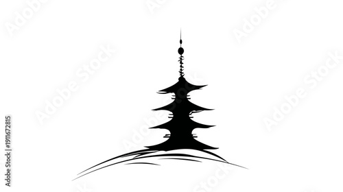 A stylized monochrome image of a multi-tiered structure, possibly a temple or a pagoda