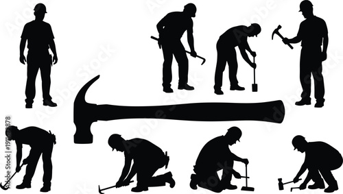 Construction worker silhouettes with hammer and crowbar in various working poses isolated on white background industrial labor and carpentry concept set