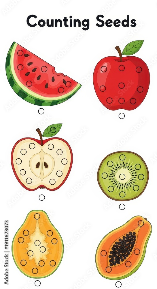 Fototapeta premium Educational activity sheet features various fruits with circles for counting practice