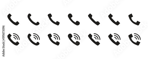 Phone call icons, handset and ringing symbols in solid fill