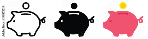 Piggy bank outline solid and color illustrations with coin