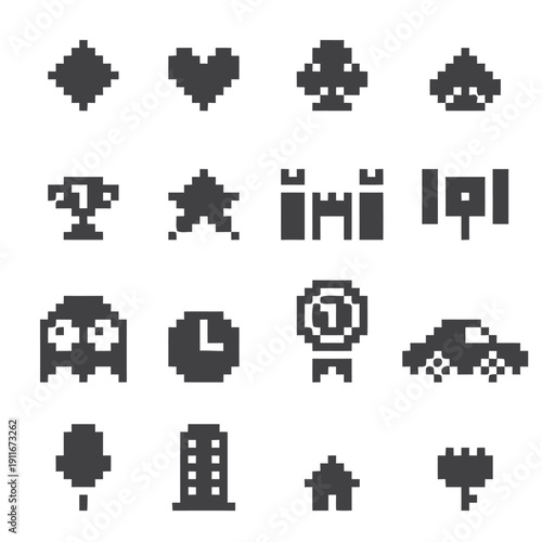 Pixel art game icons collection with retro video game elements and symbols