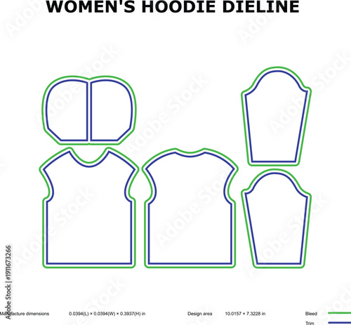 A technical diagram of a women's hoodie dieline on a white background